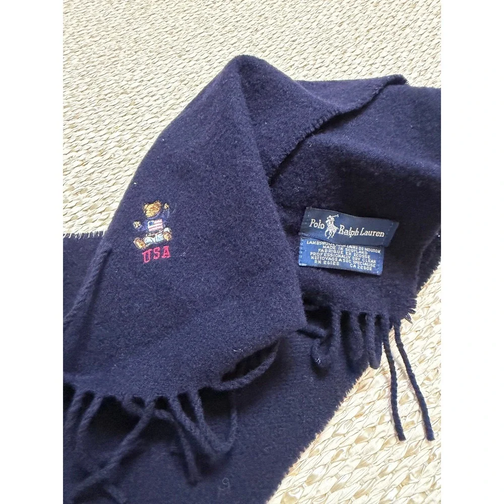 Polo Ralph Lauren Scarf Navy Lambswool Polo Bear USA Made in Scotland Vintage